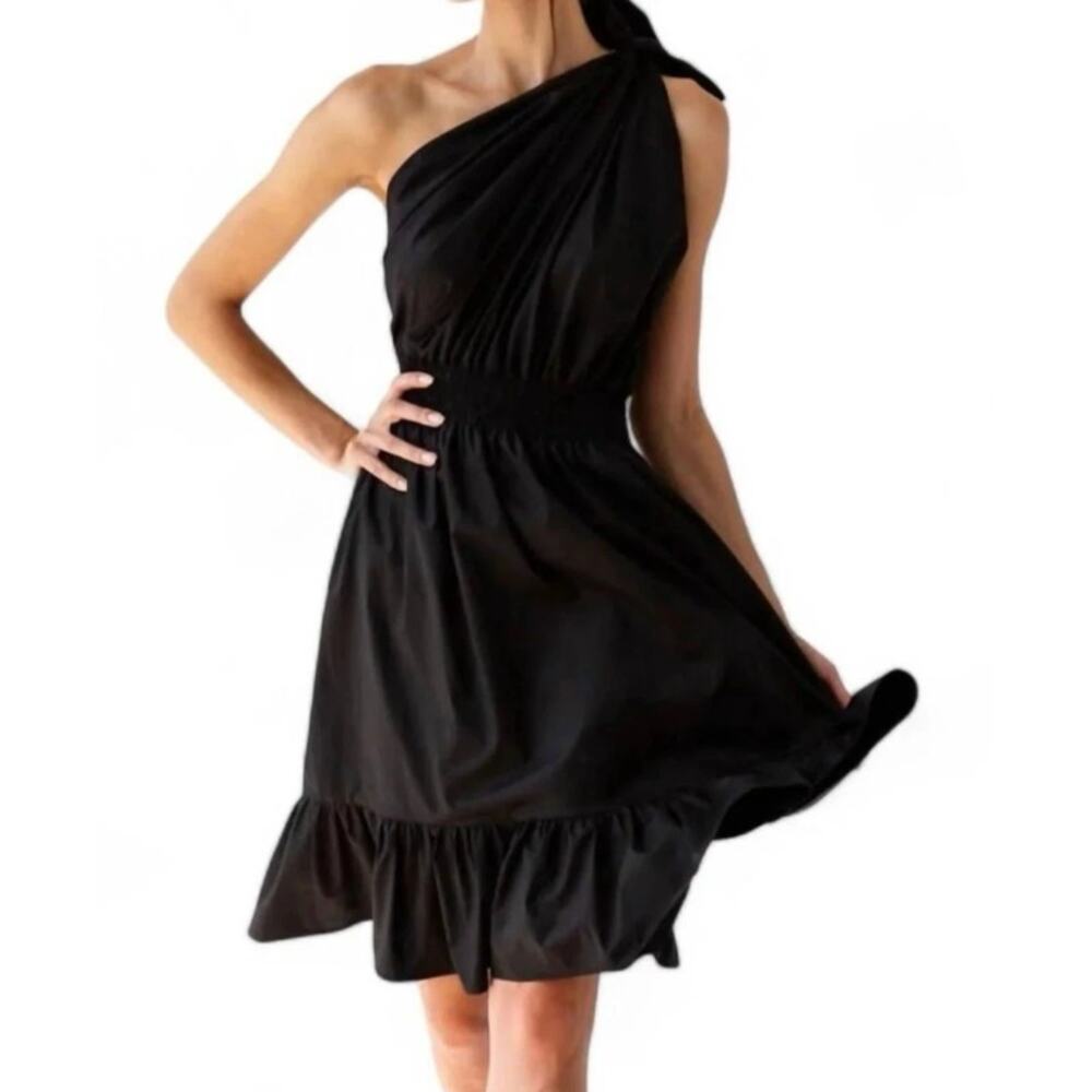 MONICA NERA Demi Mini Dress Black One Shoulder Self Tie Smocked Women's S